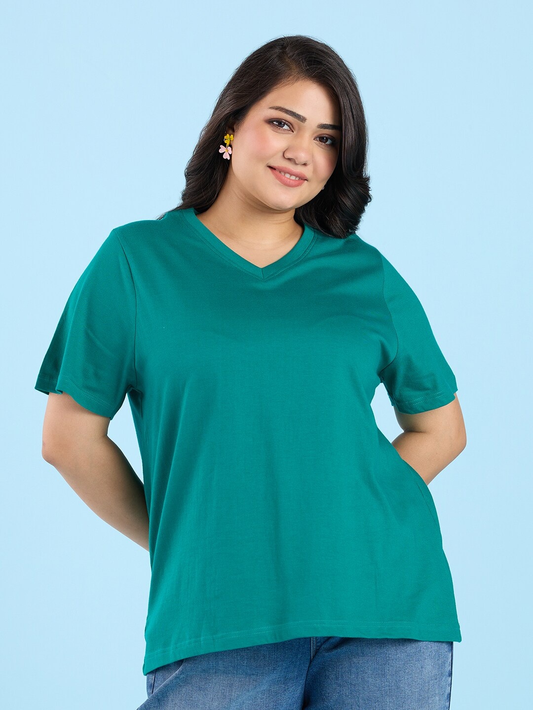 

Big Hello - The Plus Life V-Neck Cotton Casual T-shirt, Green