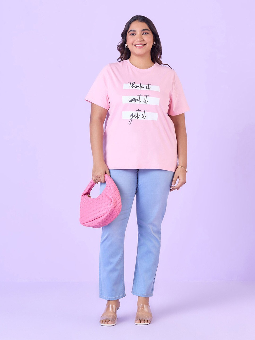 

Big Hello - The Plus Life Typography Printed Cotton Longline T-shirt, Pink