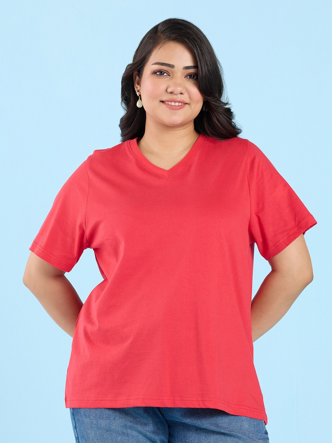 

Big Hello - The Plus Life V-Neck Cotton T-shirt, Coral