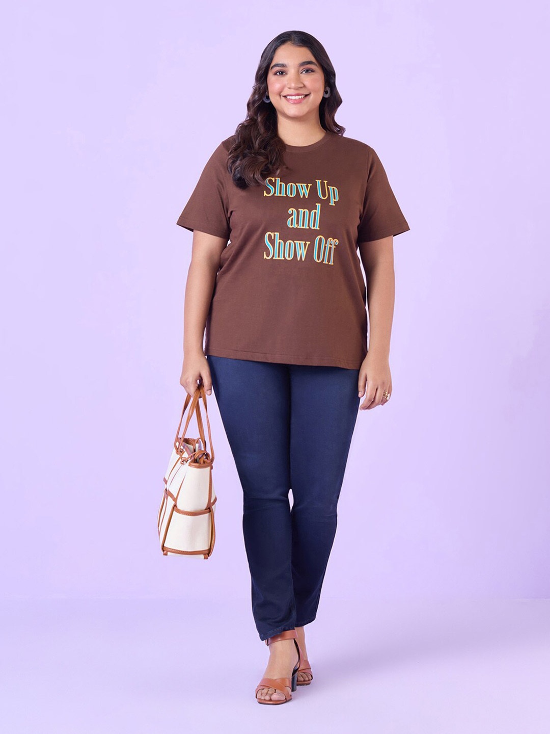

Big Hello - The Plus Life Typography Printed Cotton T-shirt, Brown