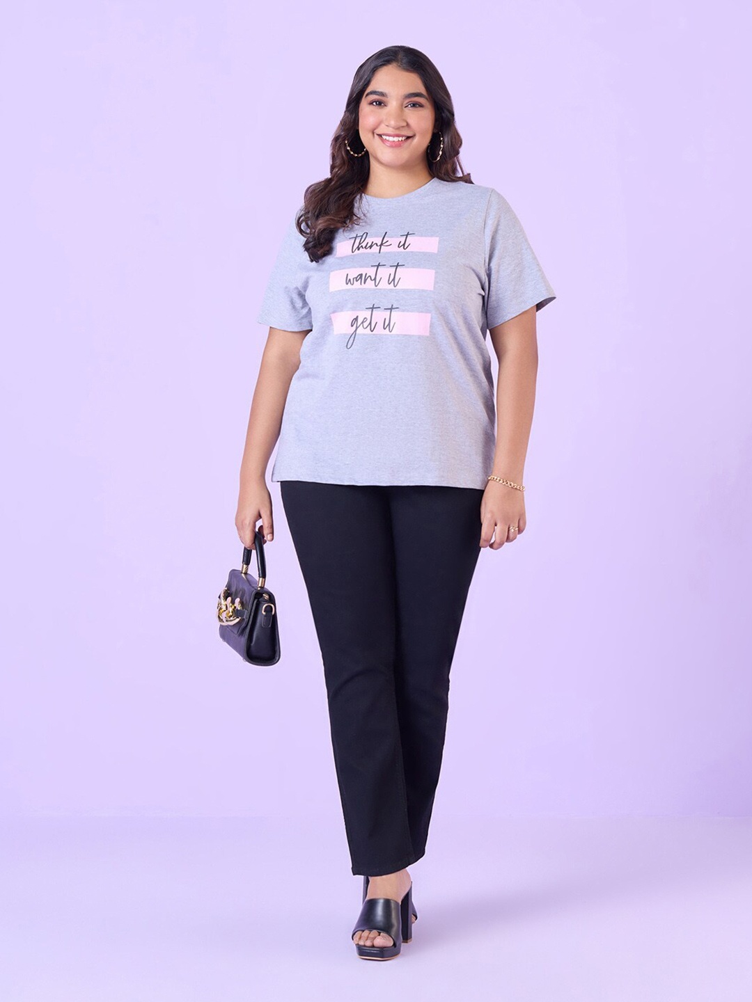 

Big Hello - The Plus Life Typography Printed Cotton T-shirt, Grey