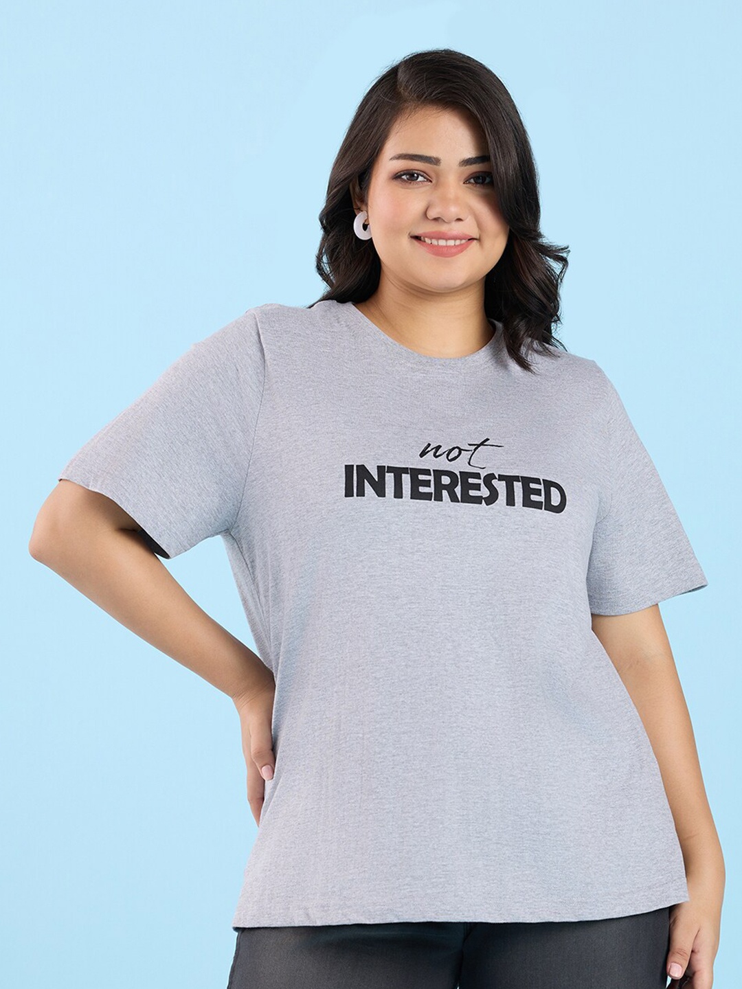 

Big Hello - The Plus Life Typography Printed Round Neck Cotton T-shirt, Grey