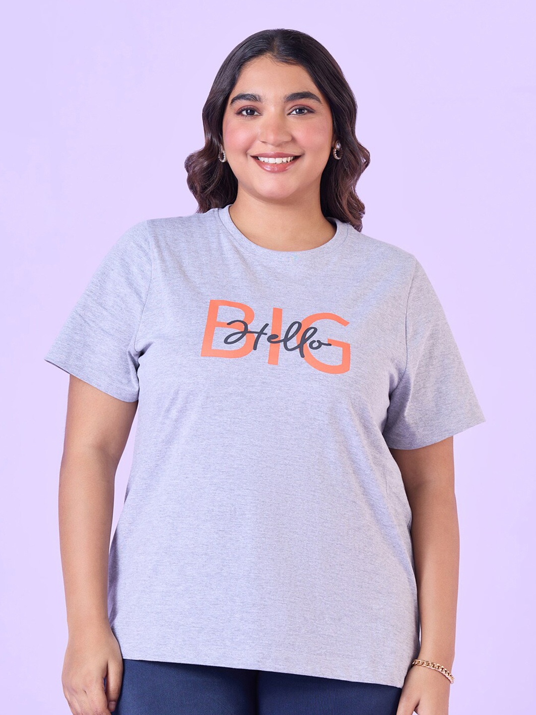 

Big Hello - The Plus Life Typography Printed Cotton T-shirt, Grey