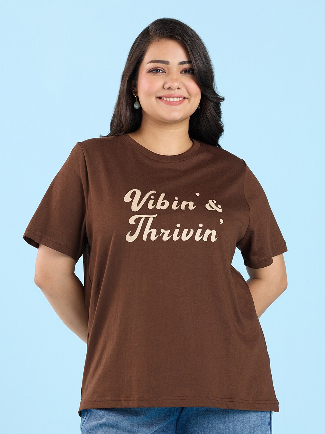 

Big Hello - The Plus Life Typography Printed Cotton T-shirt, Brown