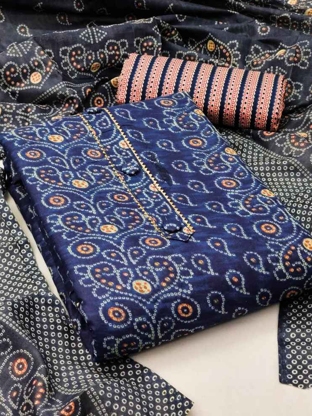 

faxofab Bandhani Printed Unstitched Dress Material, Navy blue