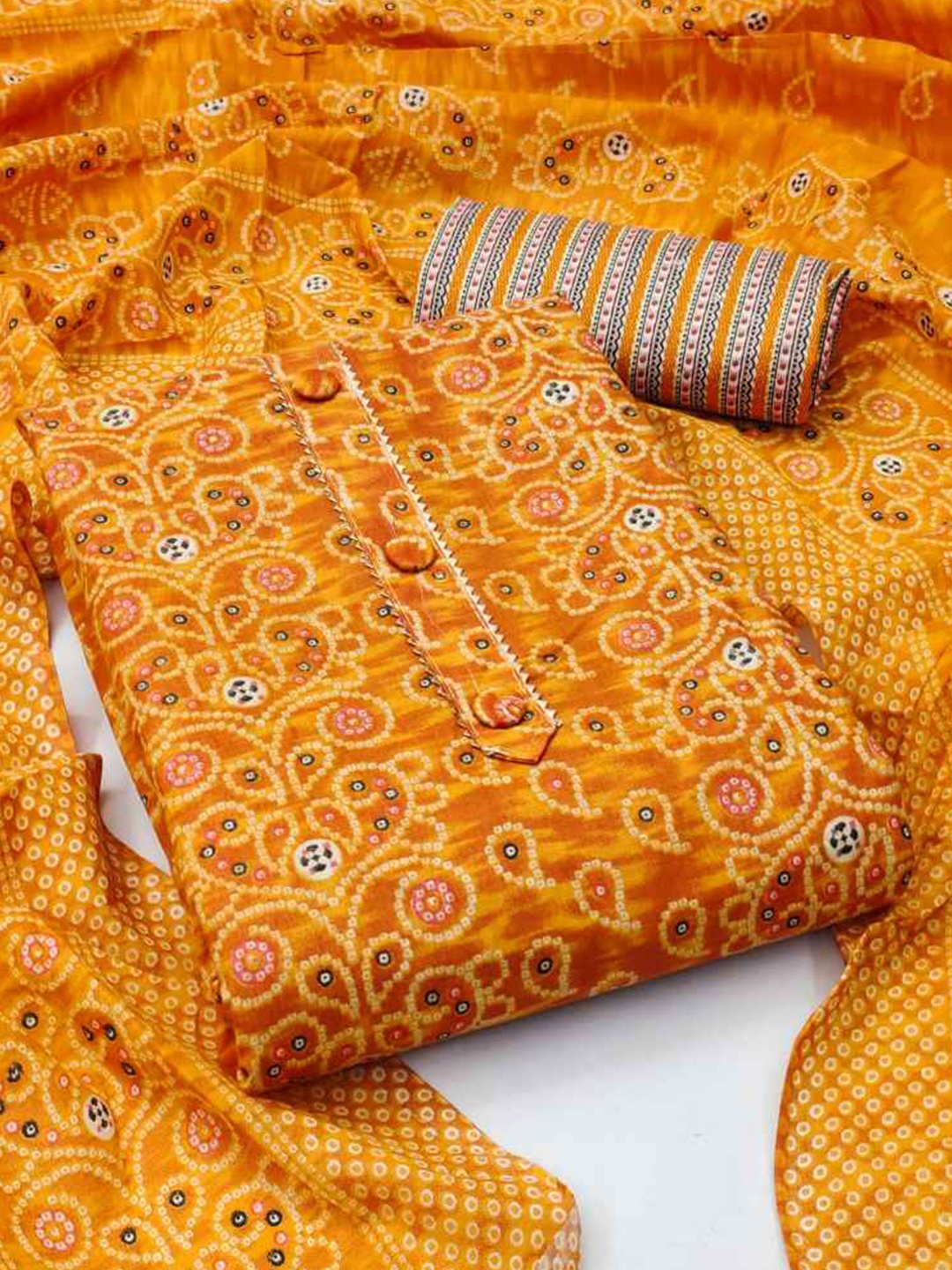

faxofab Bandhani Printed Unstitched Dress Material, Yellow