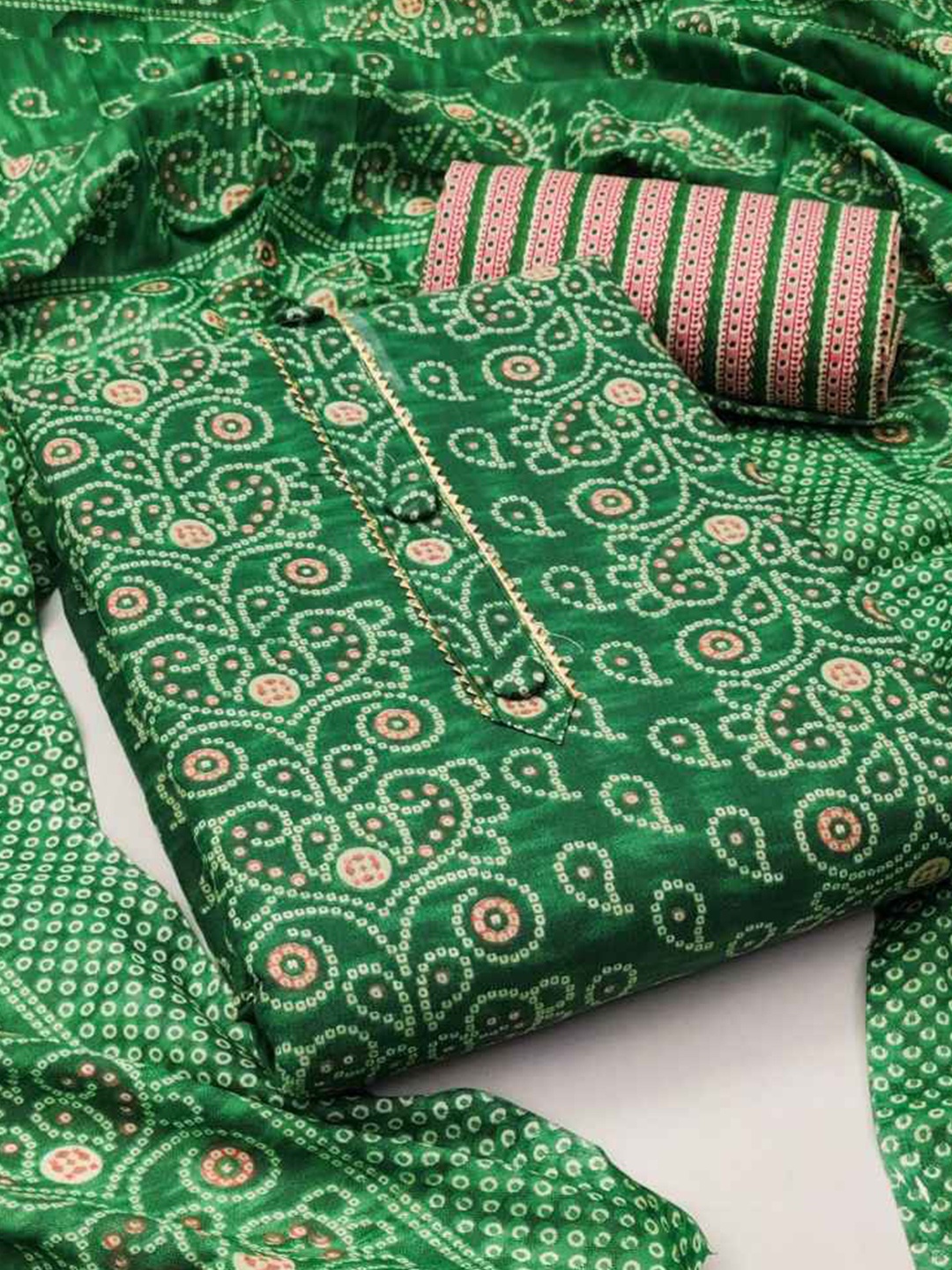 

faxofab Bandhani Printed Unstitched Dress Material, Green