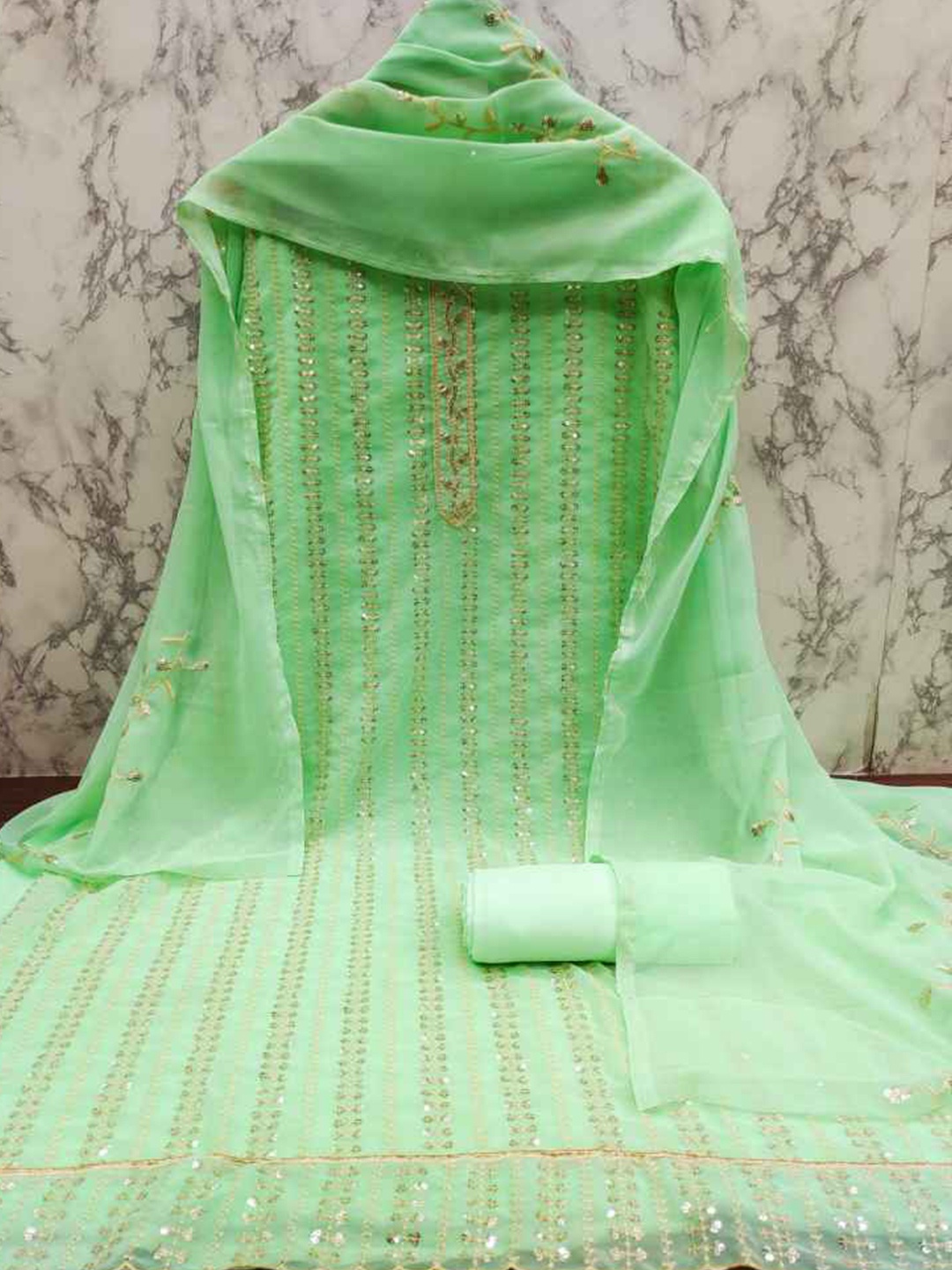 

faxofab Ethnic Motifs Embroidered Sequinned Unstitched Dress Material, Green