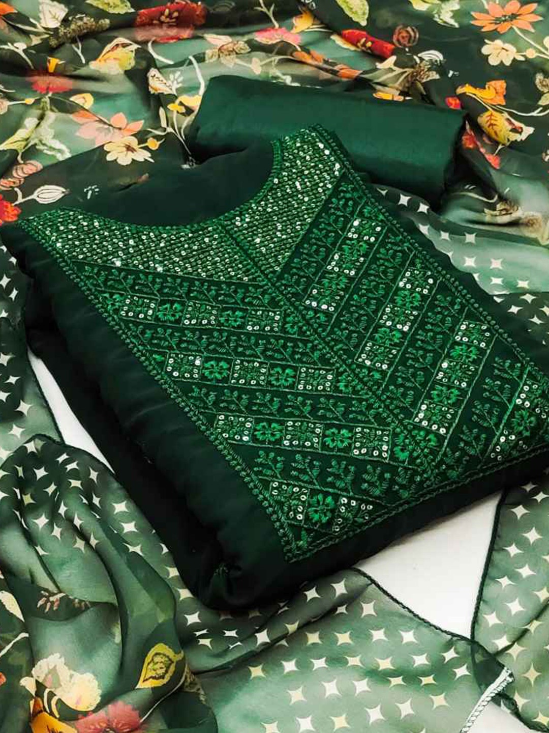 

faxofab Ethnic Motifs Embroidered Sequinned Unstitched Dress Material, Green