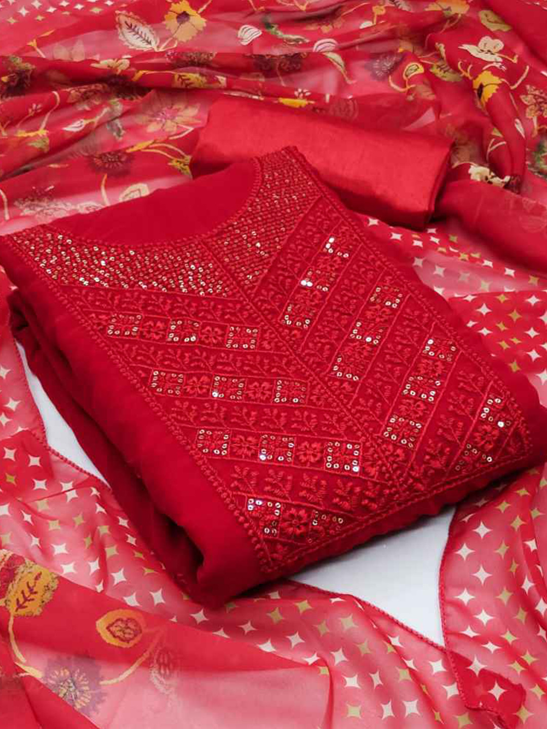 

faxofab Embroidered Unstitched Dress Material, Red