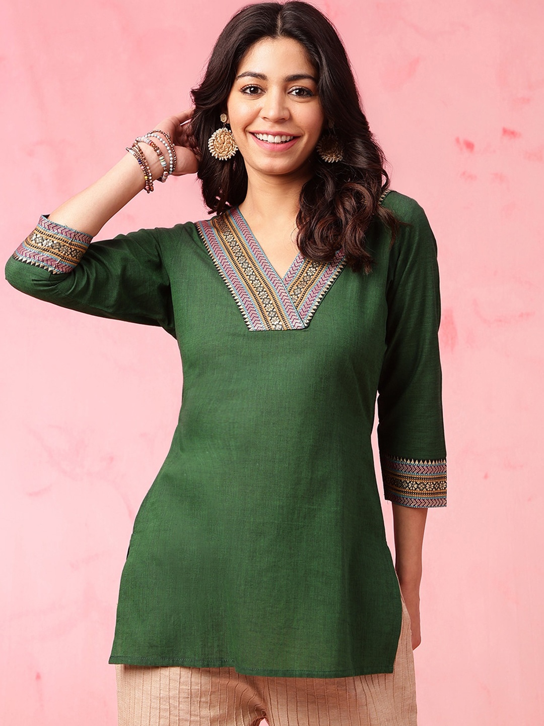 

Anouk Green Woven Design Zari Straight Pure Cotton Kurti