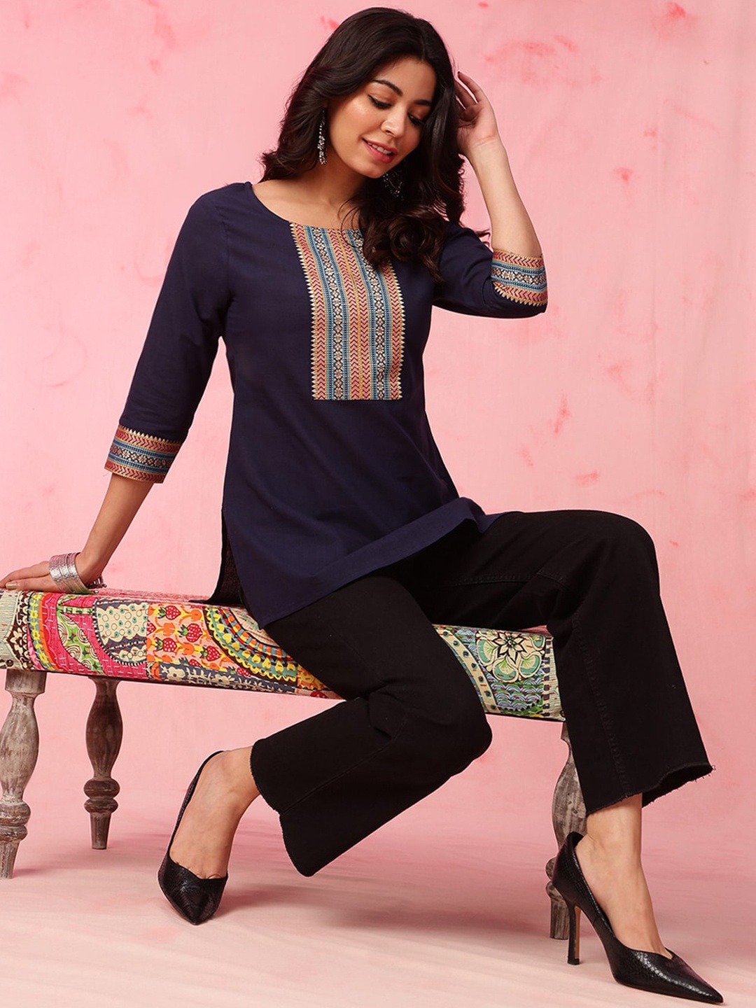 

Anouk Ethnic Motifs Yoke Design Pure Cotton Straight Short Kurti, Navy blue