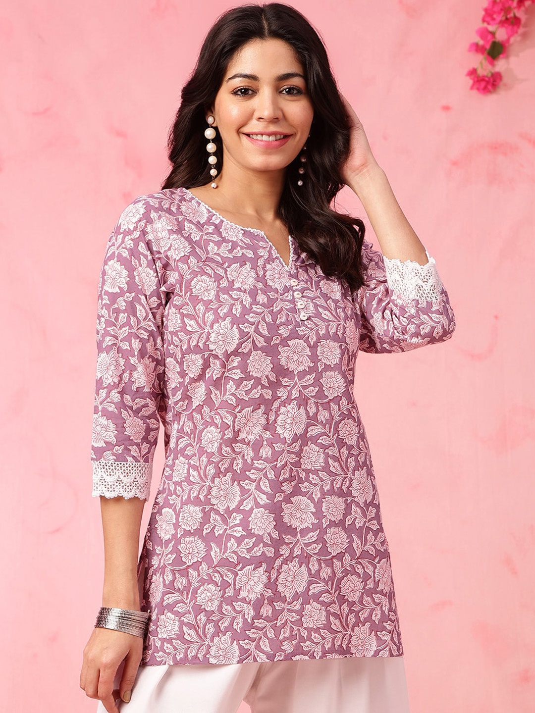 Anouk Ethnic Motifs Printed Pure Cotton Straight Short Kurti, Purple