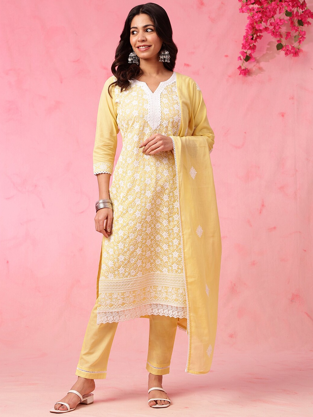 

Anouk Yellow Floral Embroidered V-Neck Pure Cotton Straight Kurta with Trousers & Dupatta