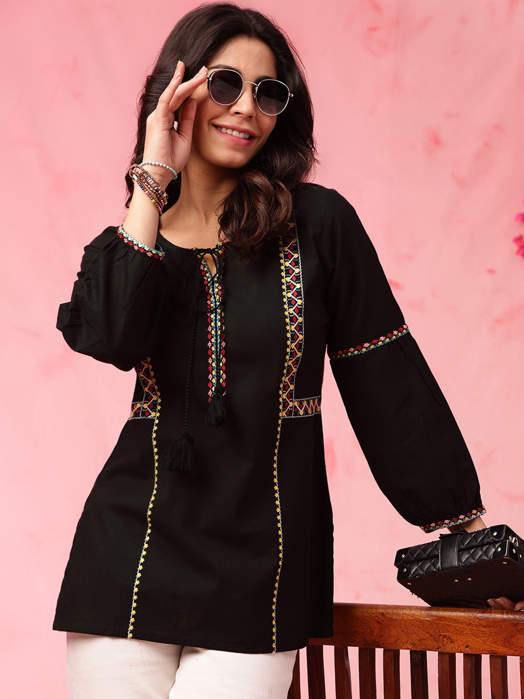 

Anouk Black Geometric Embroidered Tie Up Neck Pure Cotton Short Kurti