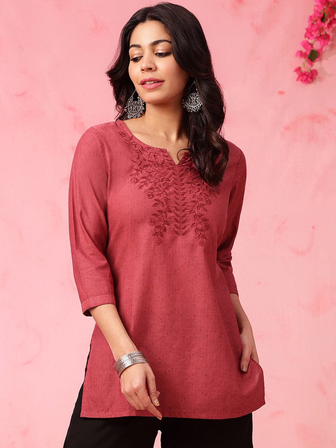Anouk Ethnic Motifs Embroidered Pure Cotton Straight Kurti, Maroon