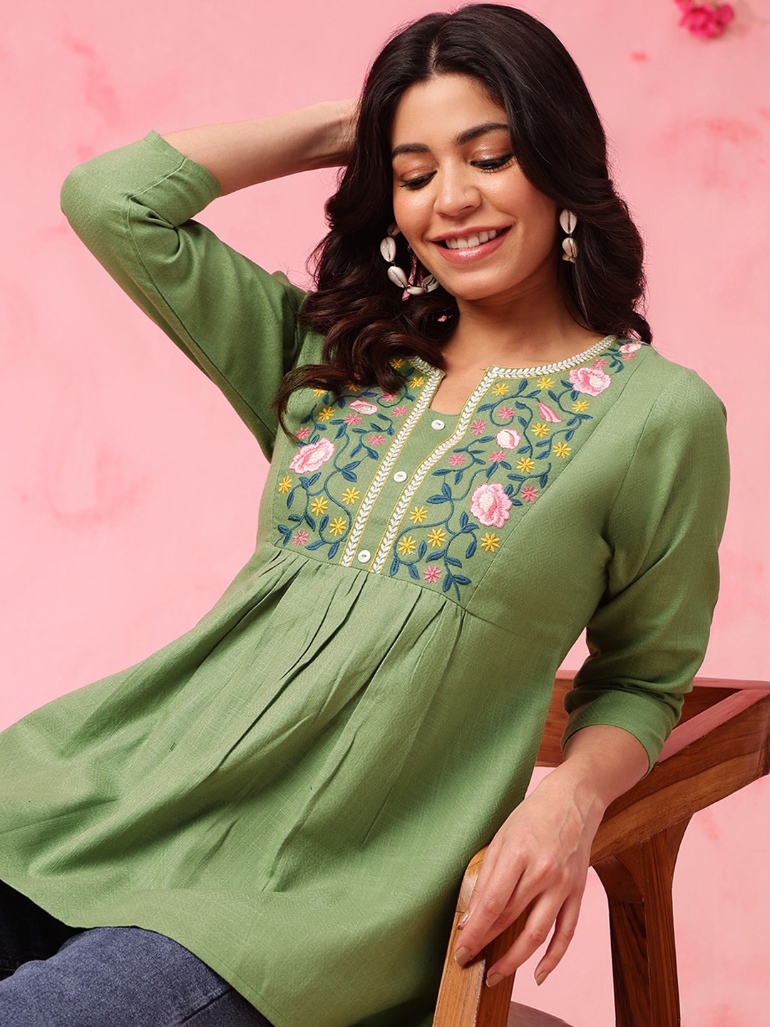 

Anouk Green Floral Embroidered Thread Work Pure Cotton A-Line Kurti