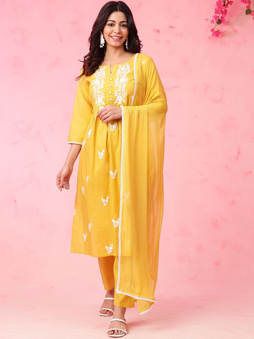 

Anouk Yellow Ethnic Motifs Embroidered Pure Cotton Kurta with Trousers & Dupatta
