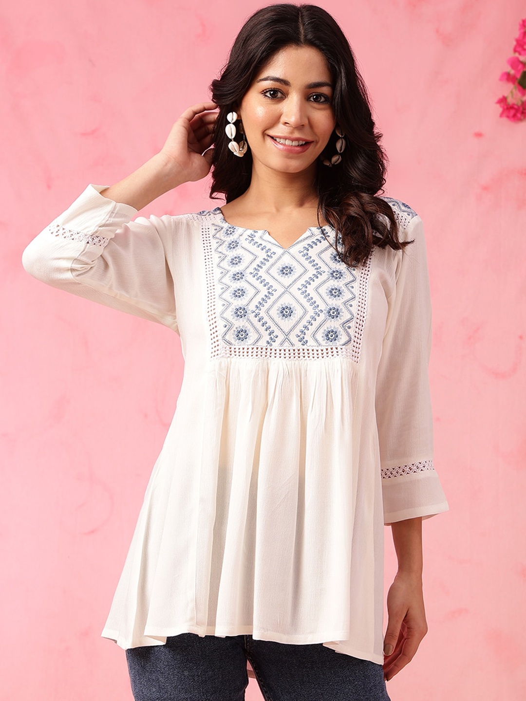 Anouk Ethnic Motifs Yoke Design Thread Work A-Line Short Kurti, Off white
