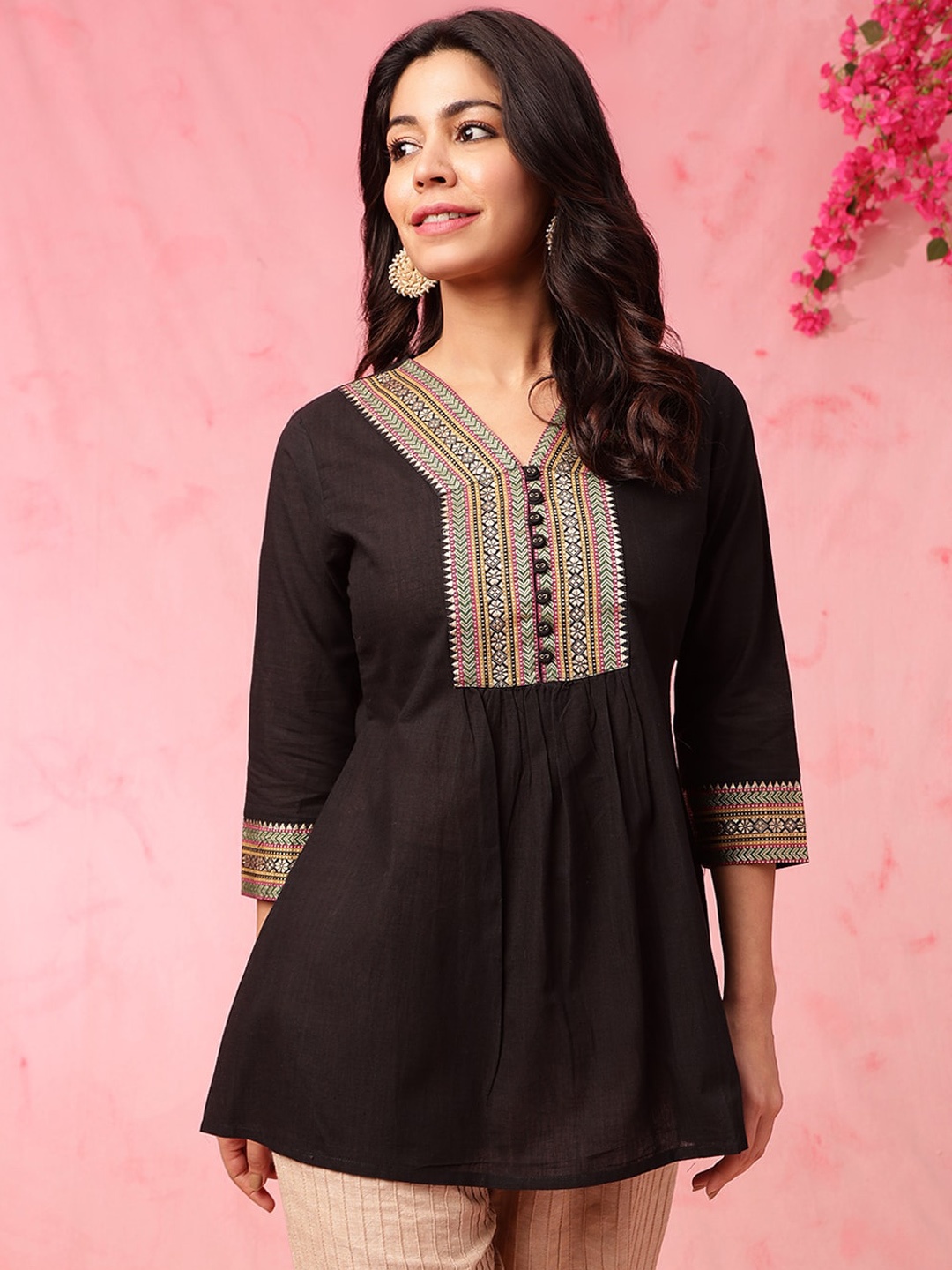 

Anouk Yoke Design V-Neck Pure Cotton A-Line Short Kurti, Black