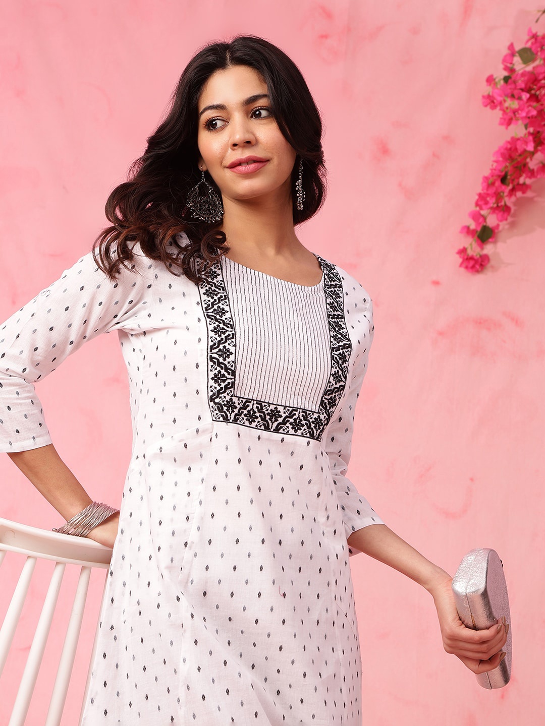 

Anouk White Ethnic Motifs Printed Thread Work Pure Cotton Straight Kurta