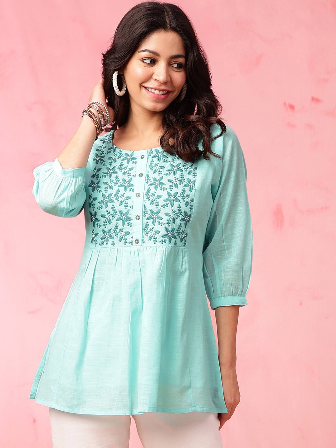 Anouk Blue Floral Embroidered Thread Work Pure Cotton A-Line Short Kurti