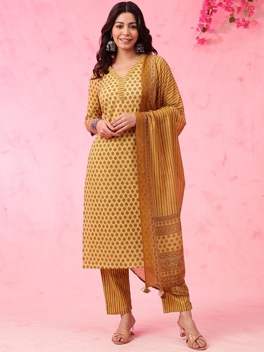 

Anouk Mustard Yellow Ethnic Motifs Printed Pure Cotton Kurta with Trousers & Dupatta