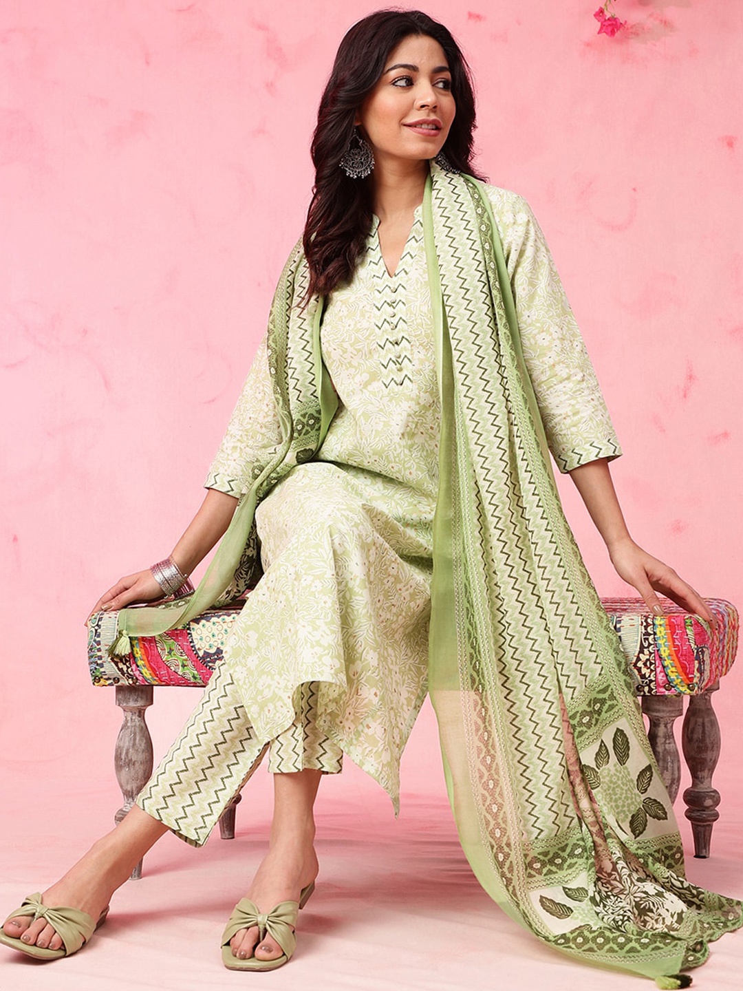 

Anouk Lime Green Floral Printed V-Neck Pure Cotton Straight Kurta with Trousers & Dupatta