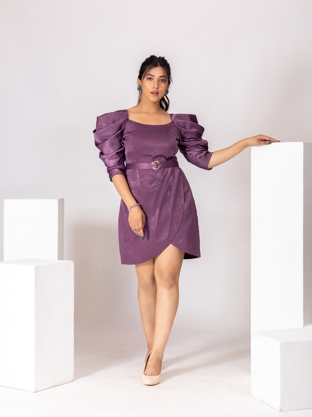 

BAESD Puff Sleeves Sheath Mini Dress, Purple