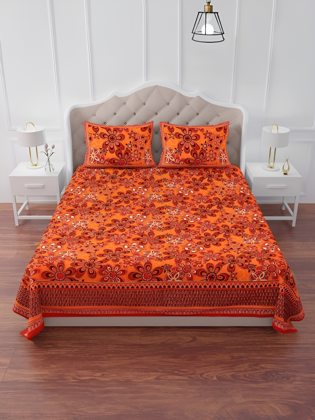 

The Craft Monk Yellow & Pink Floral Print Cotton 240 TC King Bedsheet with 2 Pillow Covers