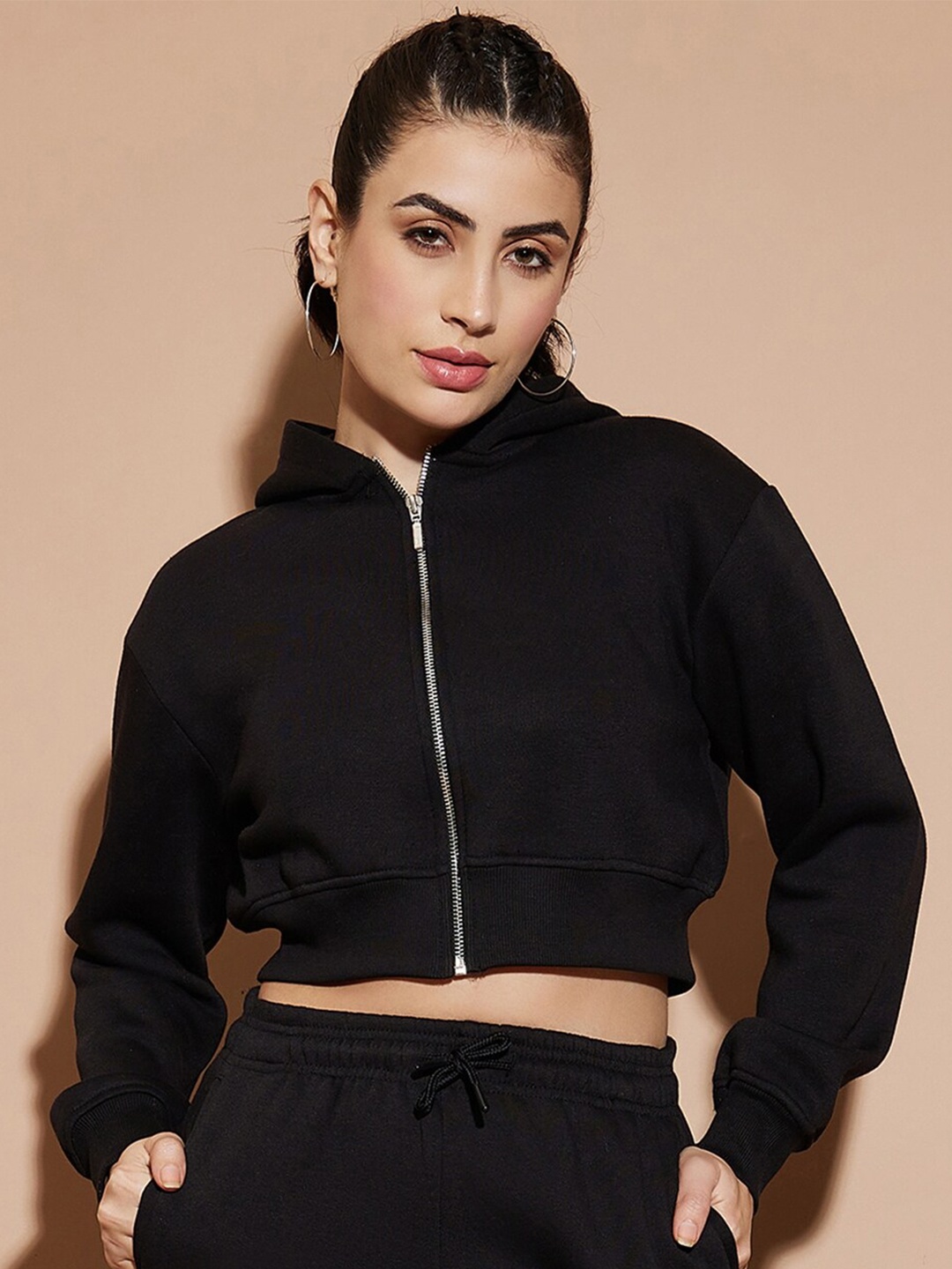 

Nun Hooded Front-Open Fleece Crop Sweatshirt, Black