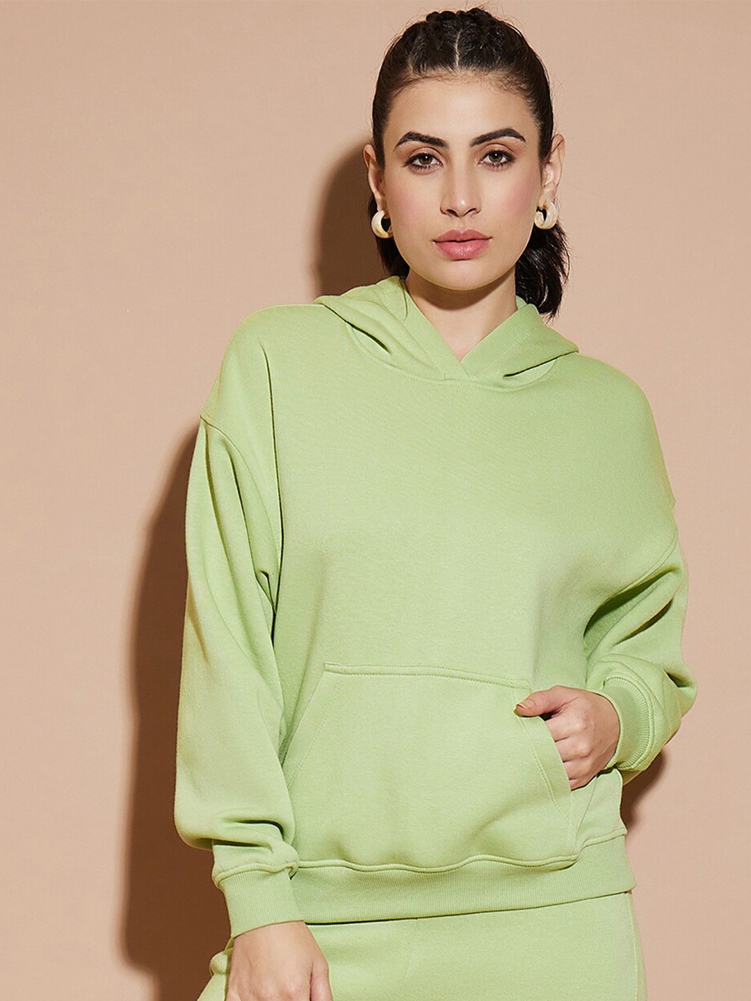 

Nun Fleece Hooded Oversized Full Sleeve Sweatshirt, Green