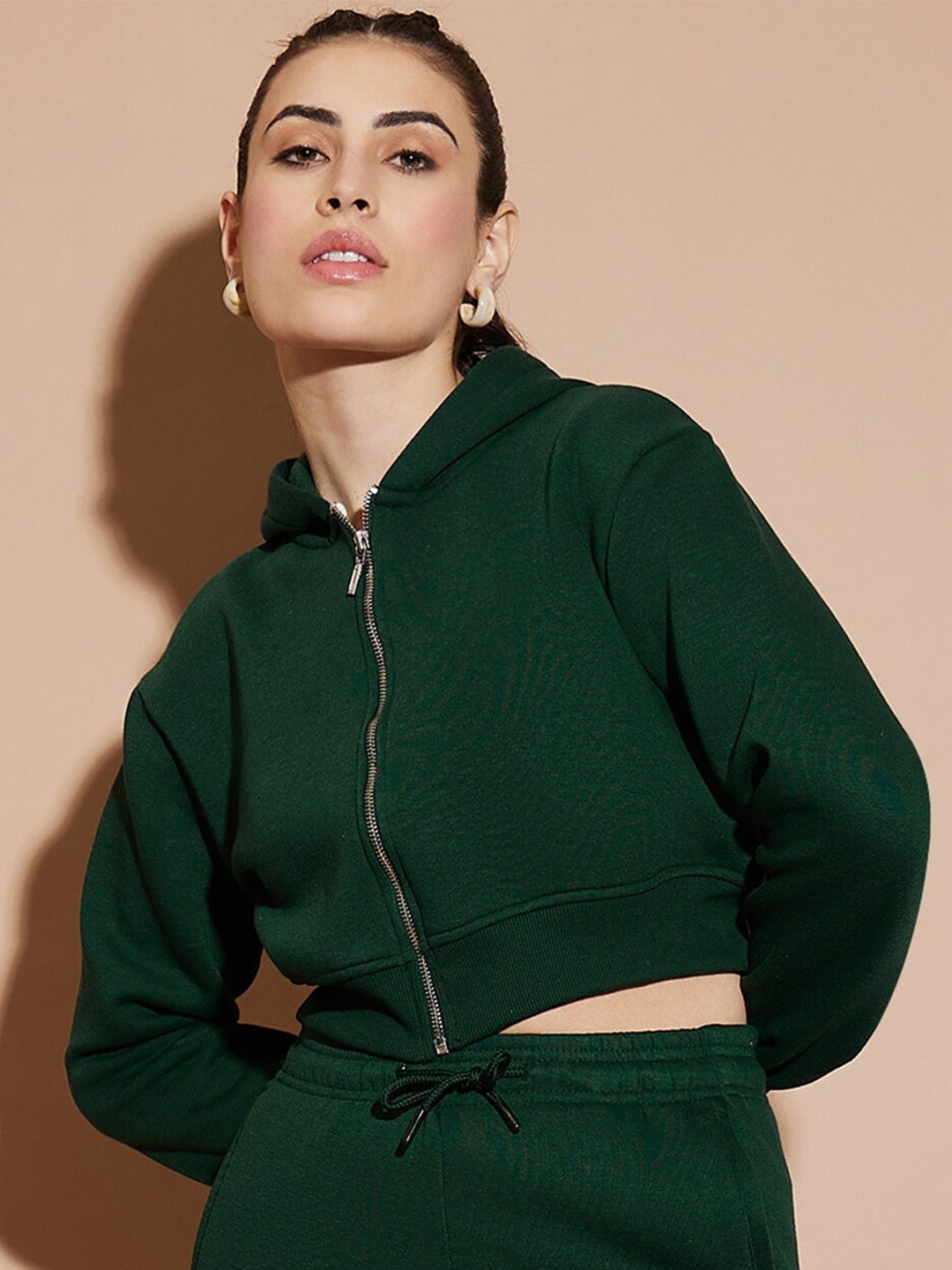 

Nun Hooded Front-Open Fleece Crop Sweatshirt, Green