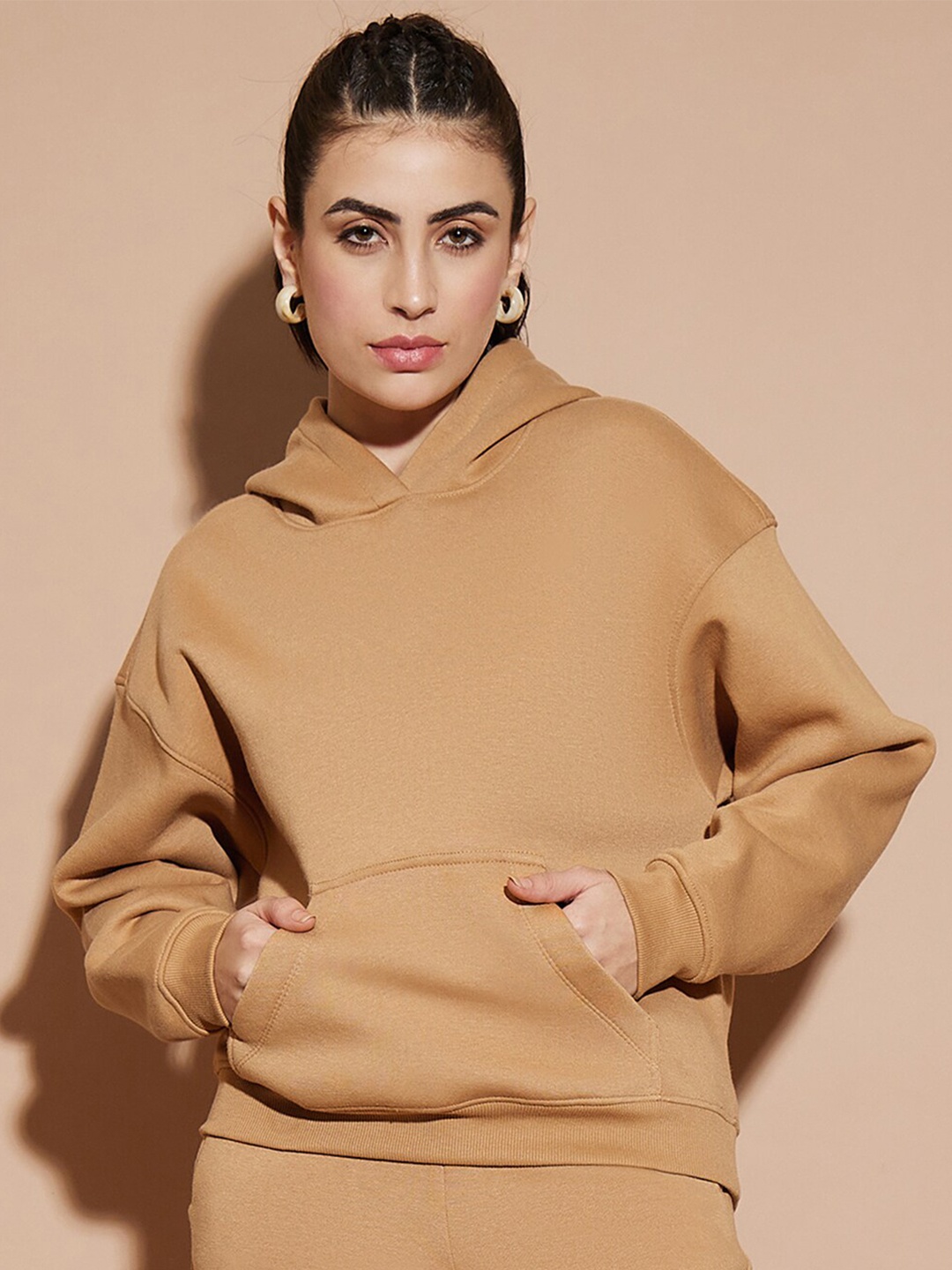 

Nun Hooded Kangaroo Pocket Pullover Sweatshirt, Beige