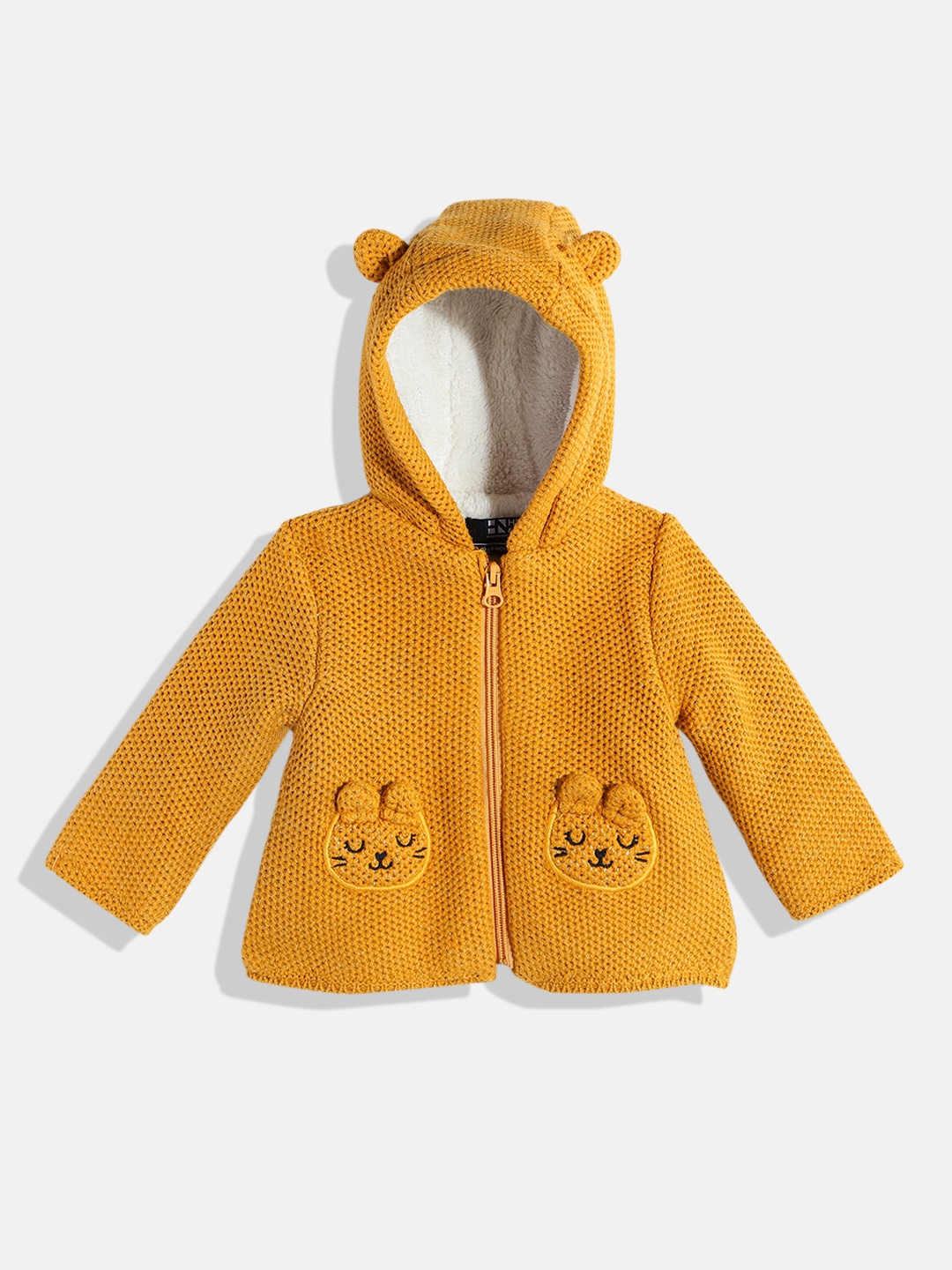 

HERE&NOW Girls Animal Self Design Hooded Cardigan, Yellow