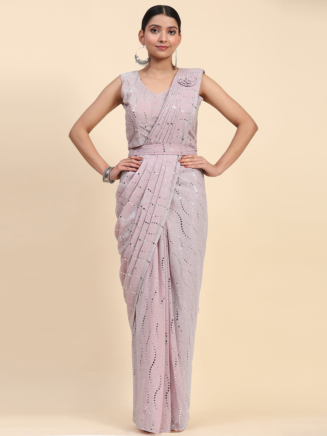 

AMOHA TRENDZ Embellished Mirror Work Ready to Wear Saree, Pink