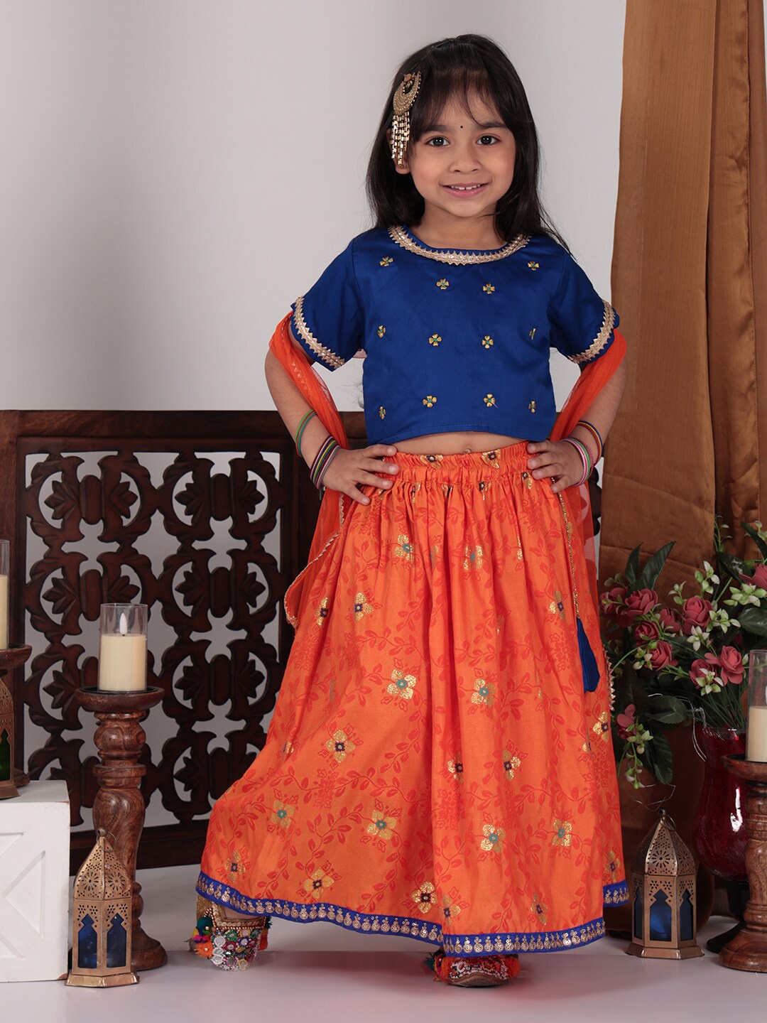 

Here&Now X Kinder Kids Girls Embroidered Thread Work Ready to Wear Lehenga & Blouse With Dupatta, Orange