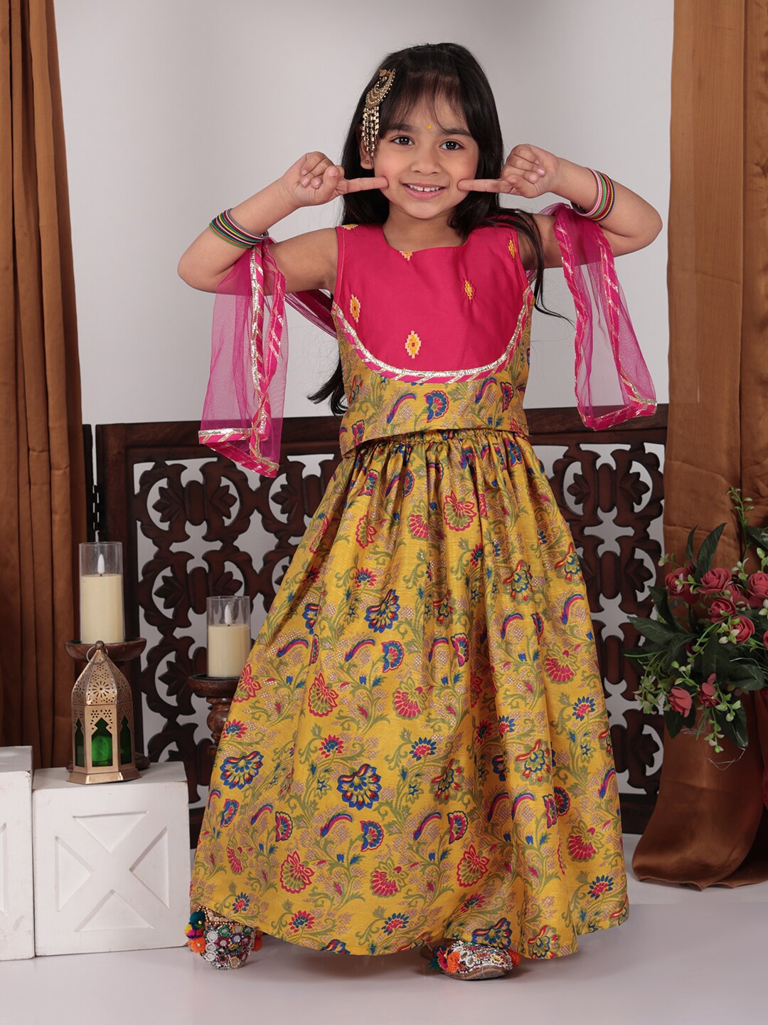 

Here&Now X Kinder Kids Girls Embroidered Ready to Wear Lehenga & Blouse With Dupatta, Yellow