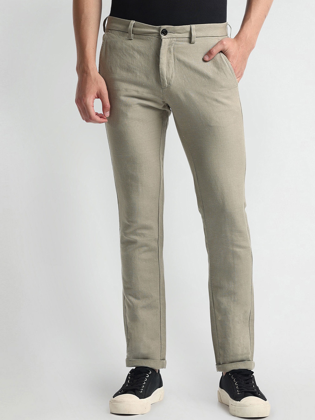 

Arrow Sport Men Smart Slim Fit Cotton Linen Trousers, Beige