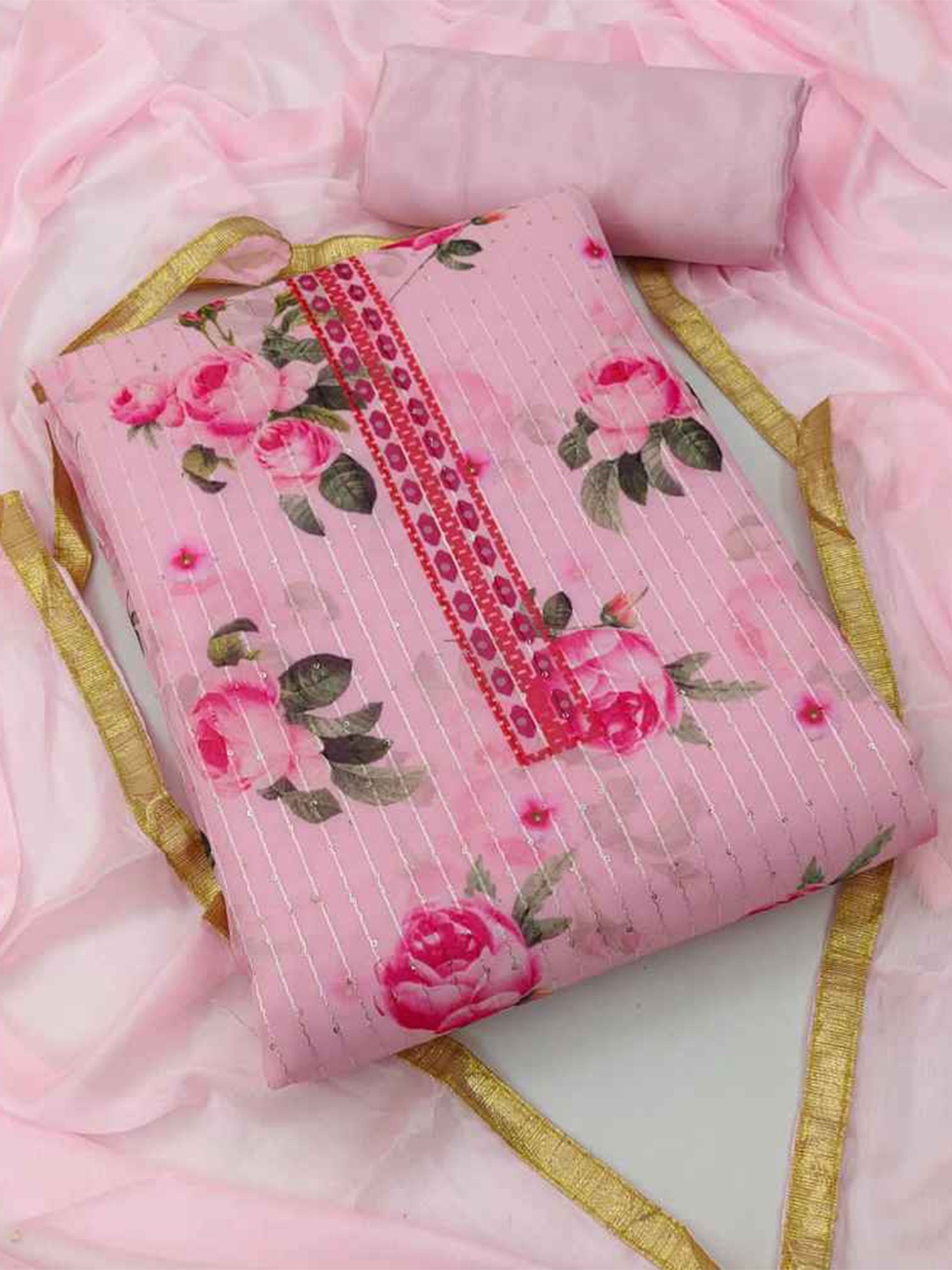 

faxofab Embroidered Silk Chiffon Unstitched Dress Material, Pink