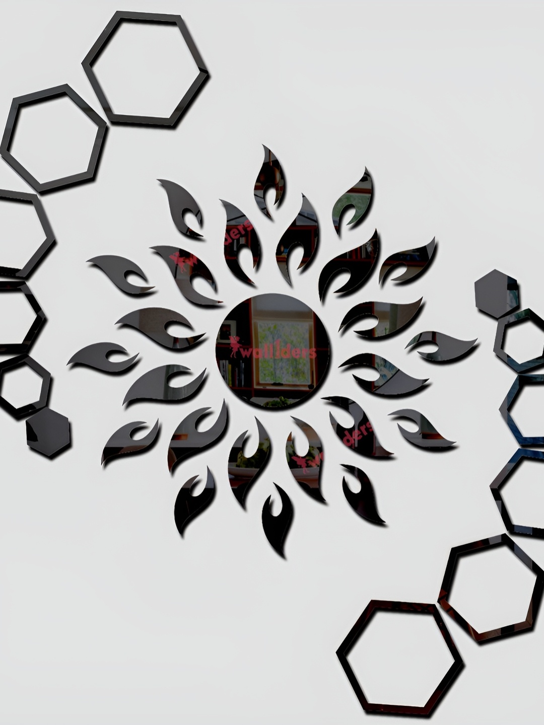 

Wall1ders Black 2 Pieces Sun & Hexagon 3D Mirror Wall Stickers