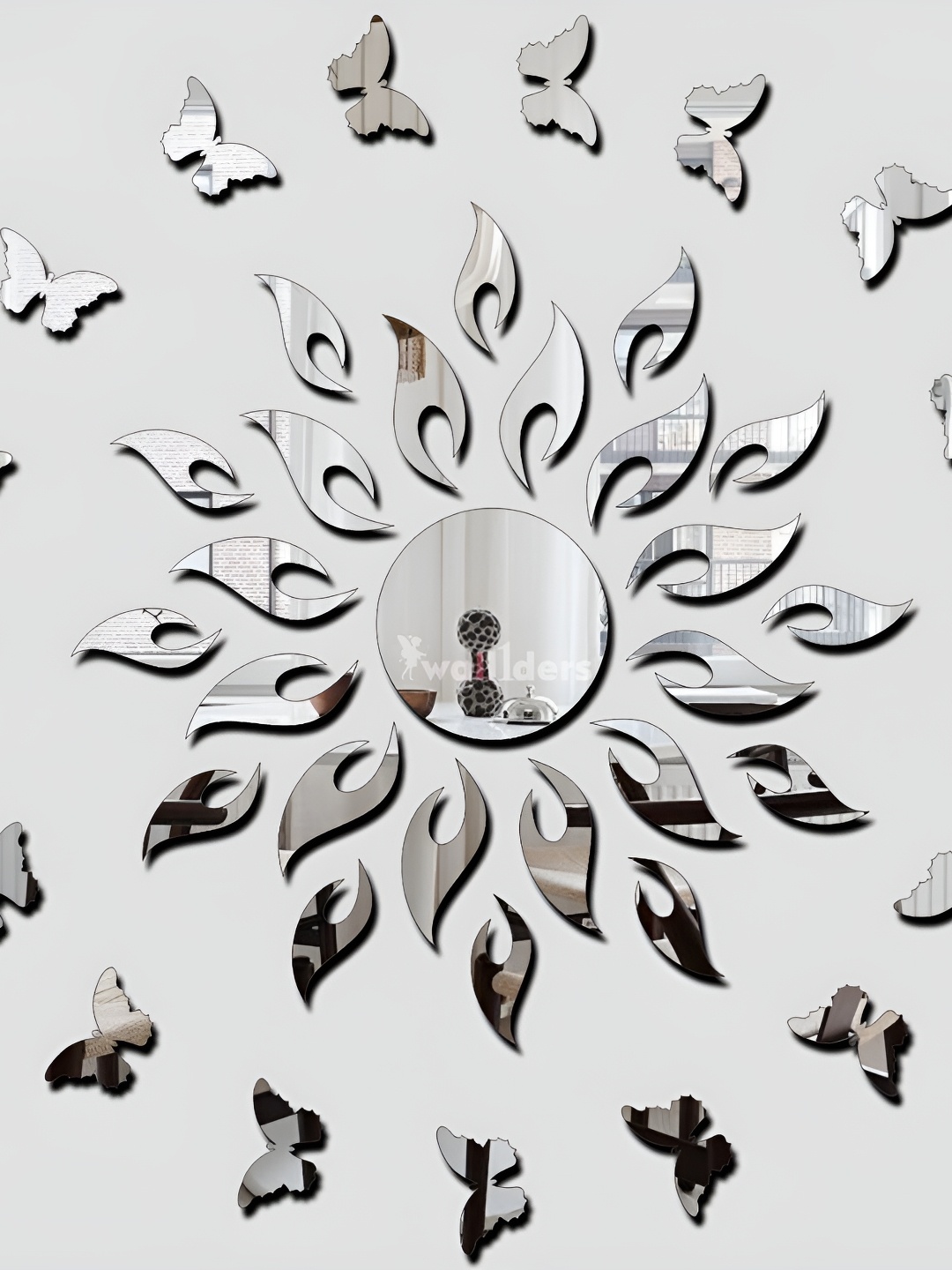 

Wall1ders Silver Toned 21 Pieces Sun & Butter Fly 3D Mirror Wall Stickers