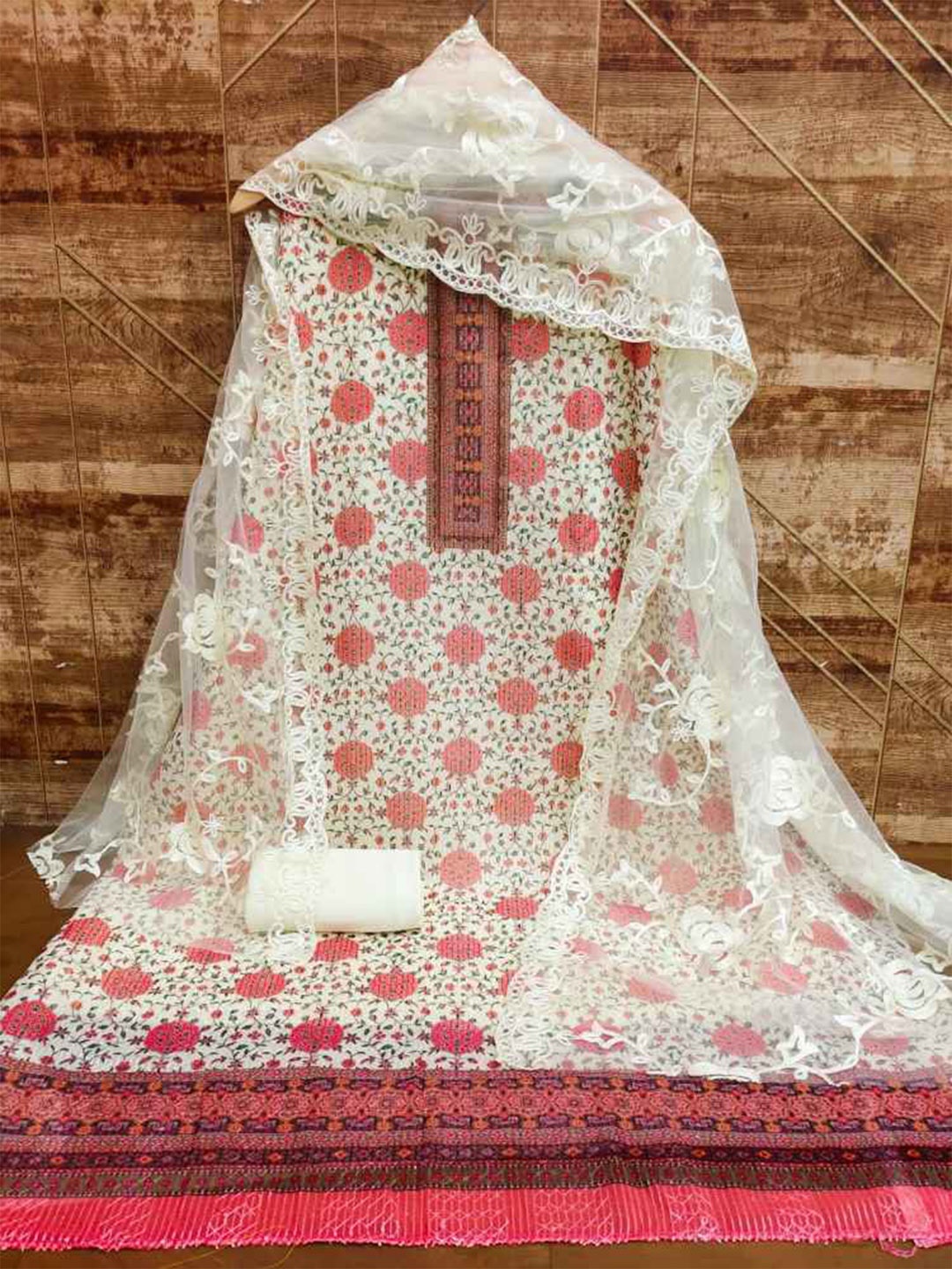 faxofab Ethnic Motifs Printed Pure Cotton Unstitched Dress Material, Red