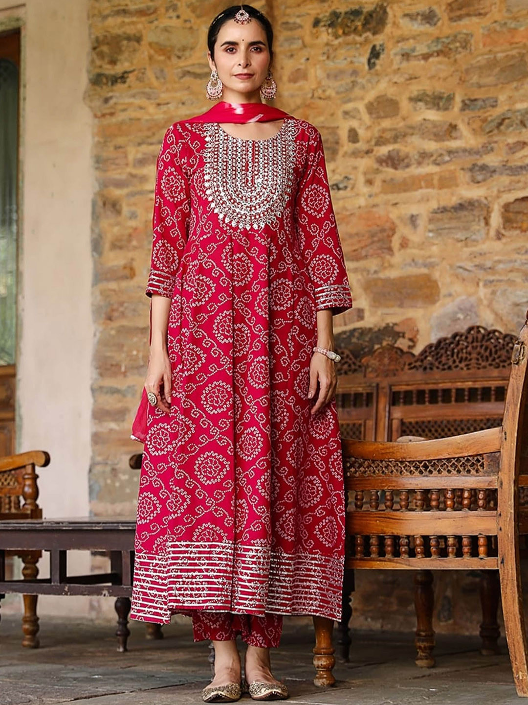 

SK2 Fashion Bandhani Printed Anarkali Gotta Patti Kurta with Trousers & Dupatta, Pink