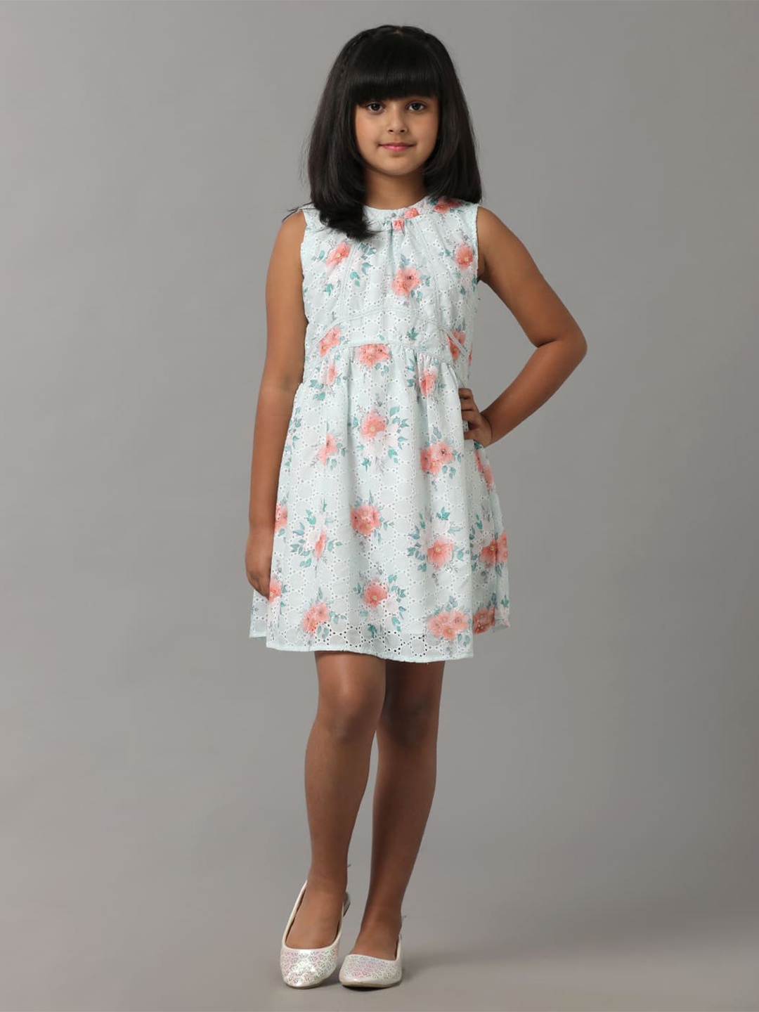 

UNDER FOURTEEN ONLY Floral Printed Schiffli Cotton Fit & Flare Dress, Green