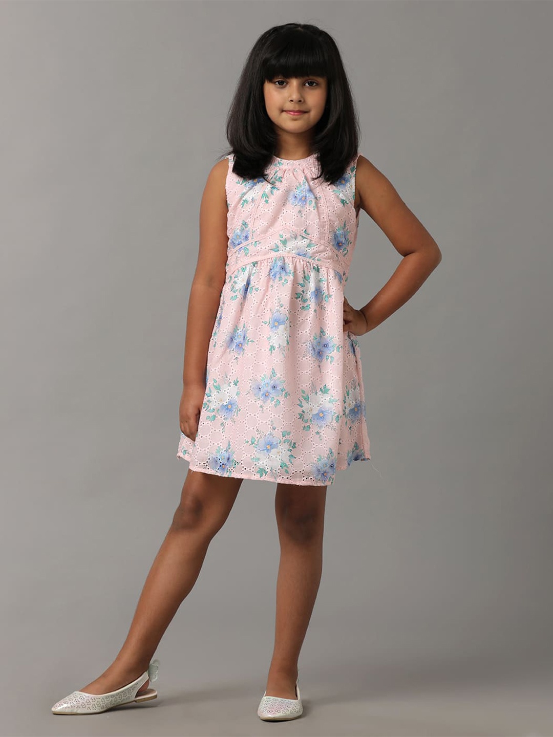 

UNDER FOURTEEN ONLY Girls Floral Printed Round Neck Cotton A-Line Dress, Peach
