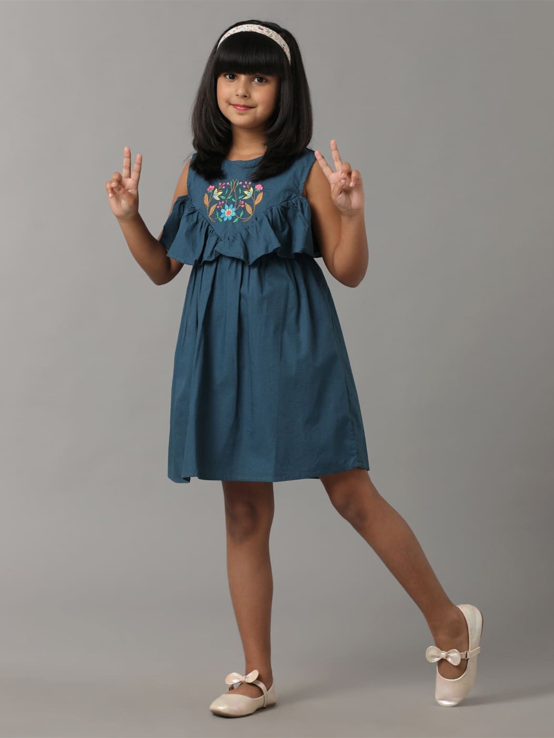 

UNDER FOURTEEN ONLY Girls Floral Embroidered Pleated Cotton A-Line Dress, Blue