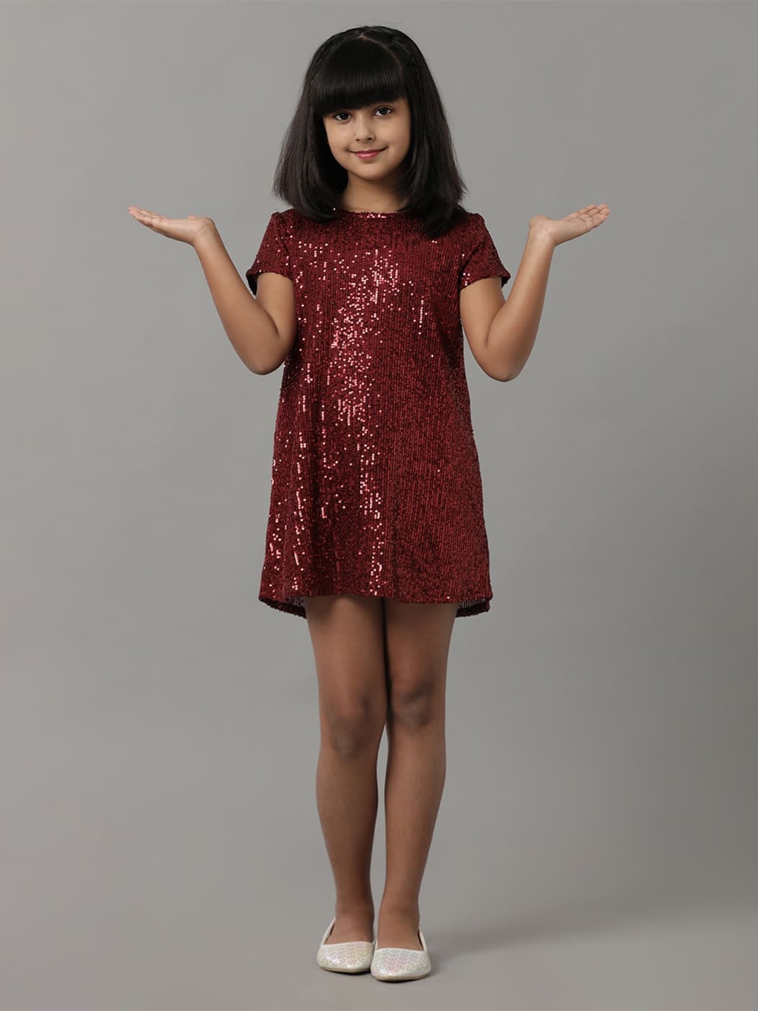 

UNDER FOURTEEN ONLY Girls Embellished Sequined A-Line Dress, Maroon