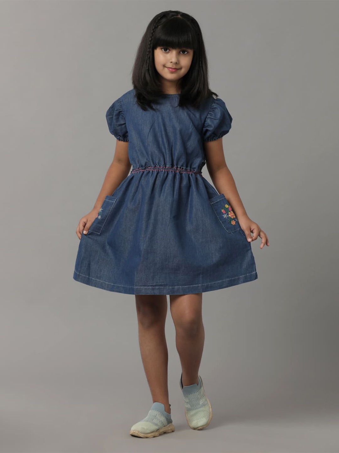 

UNDER FOURTEEN ONLY Puff Sleeves Cotton Denim A-Line Dress, Blue