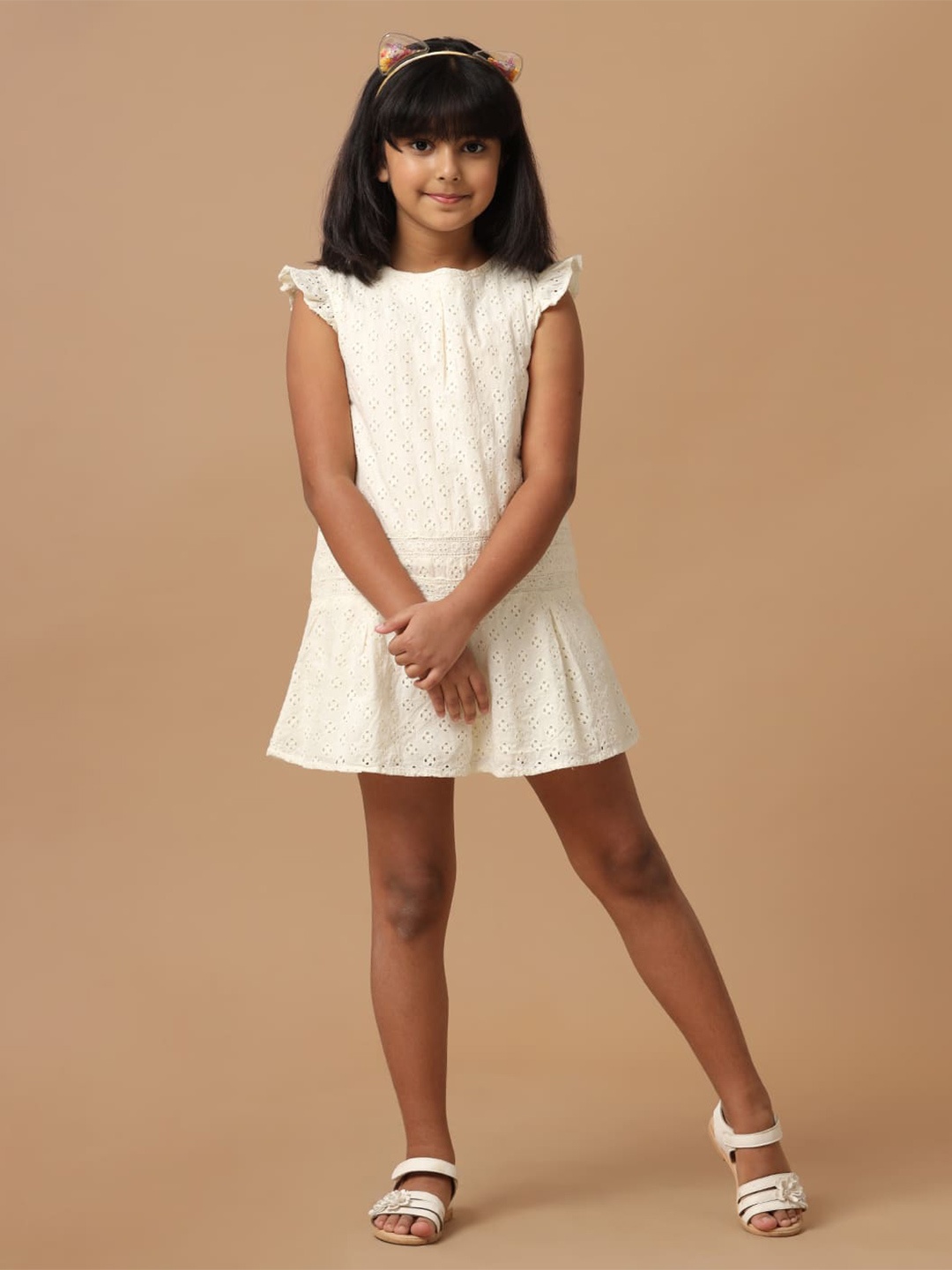 

UNDER FOURTEEN ONLY Girls Self Design Flutter Sleeves Schiffli Cotton A-Line Dress, Off white